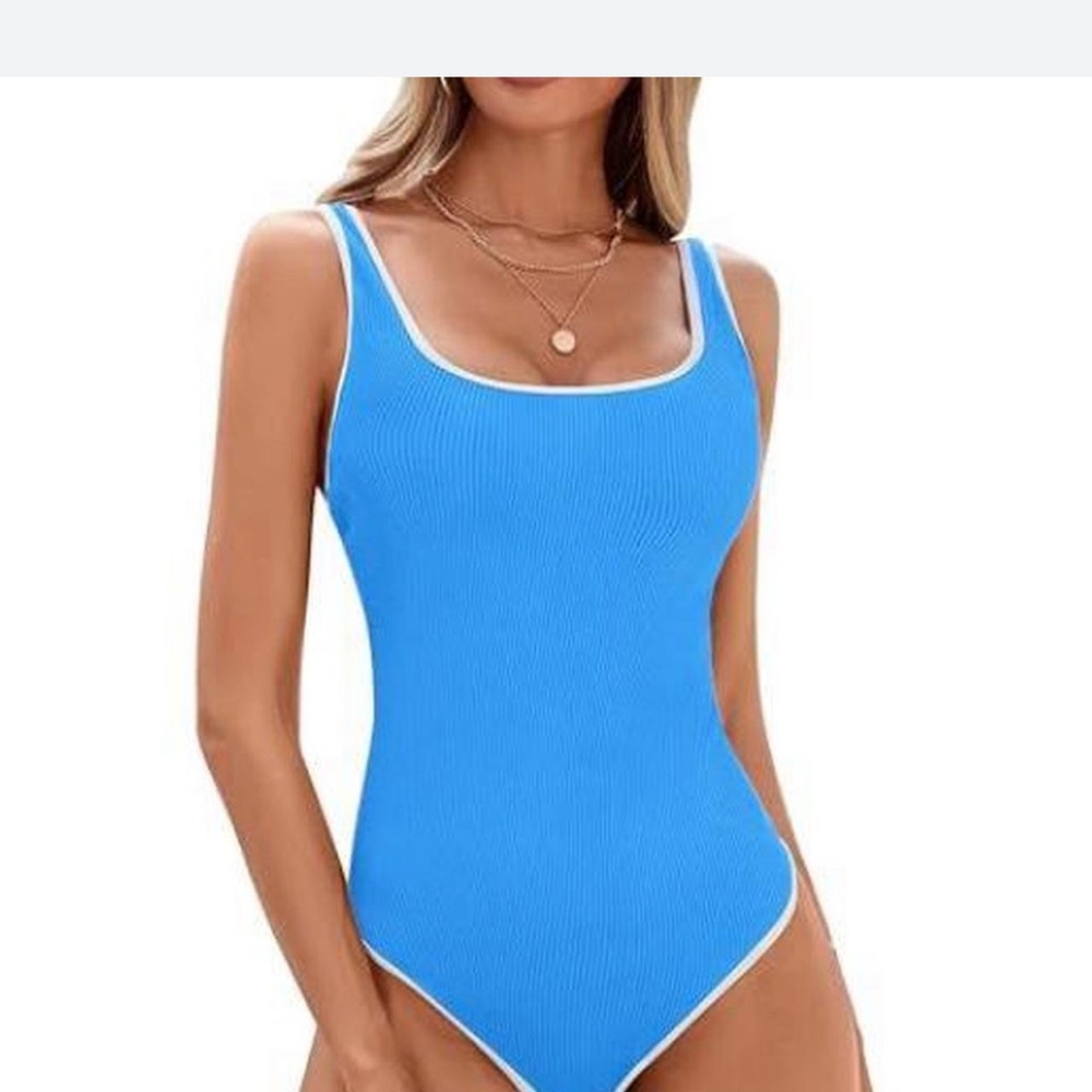 Blue Ribbed Scoop-Neck One-Piece Swimsuit sport adjustable high cut